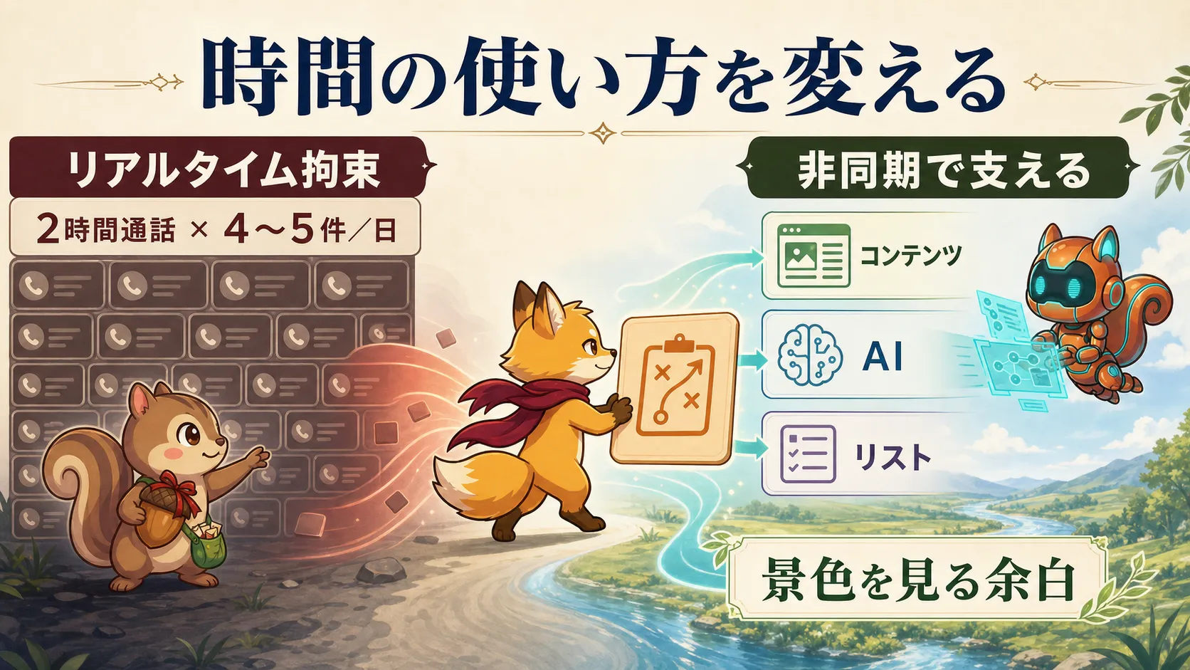 通話で時間が埋まる仕事と非同期で余白を作る仕事の違いを示す図解