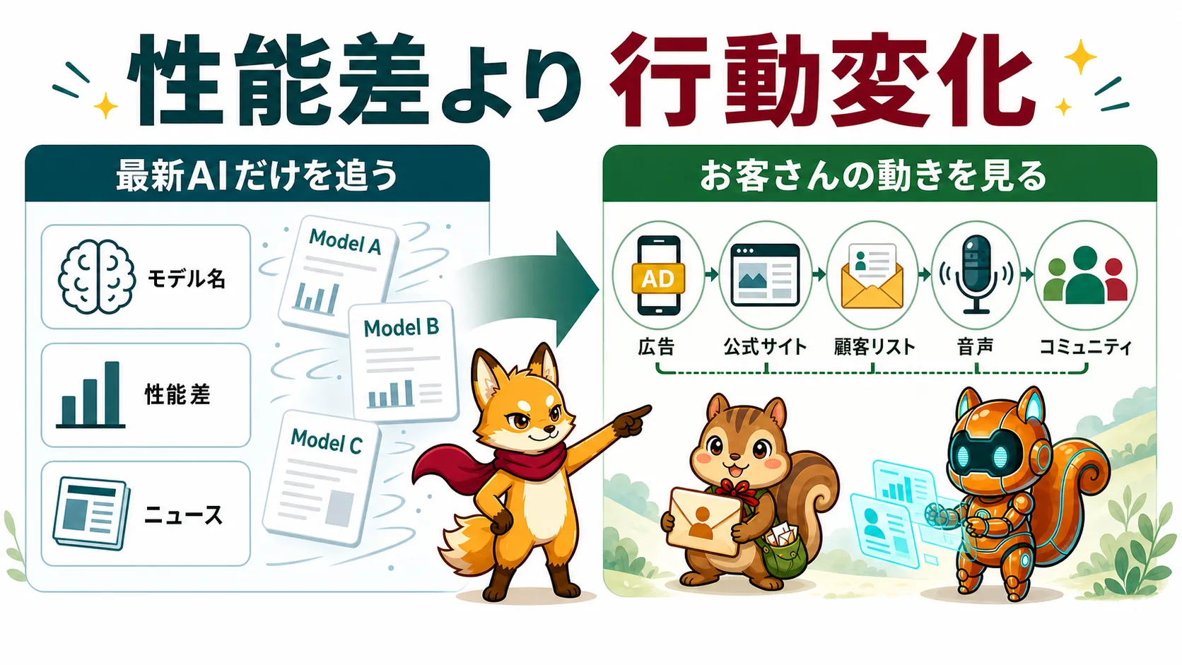 性能差より行動変化。最新AIだけを追うのではなく、広告、公式サイト、顧客リスト、音声、コミュニティの導線を見る比較図。