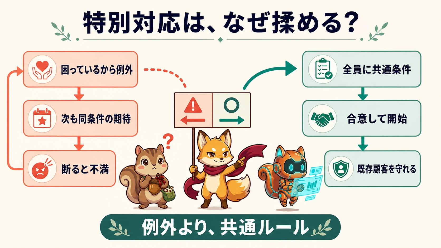 今回だけの特別対応と共通条件の違いを示す図解