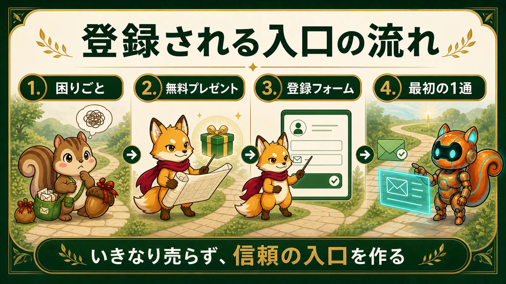 困りごと、無料プレゼント、登録フォーム、最初の1通でメルマガ登録導線を作る流れの図解