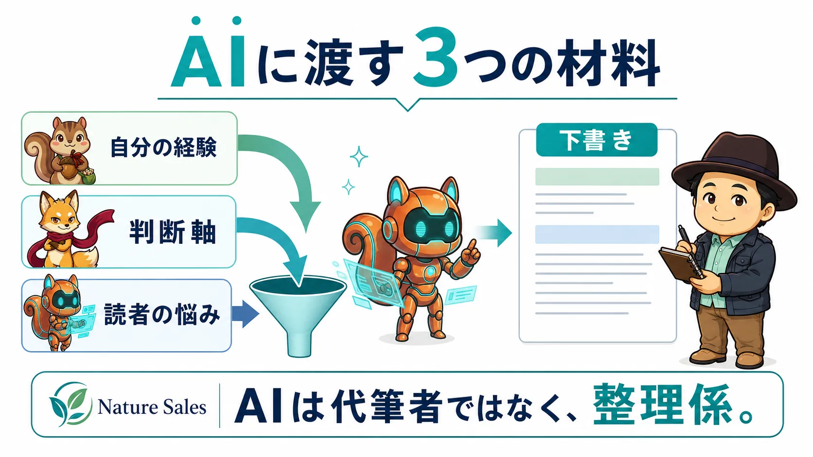 AIにメルマガ下書きを作らせる前に渡す、自分の経験・判断軸・読者の悩みを整理した図解