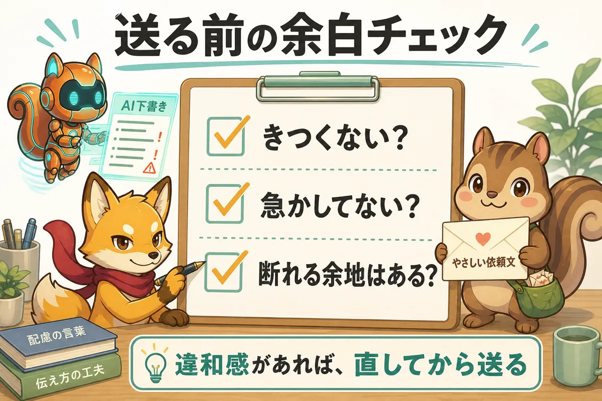 AIが作った文章を送る前に確認したい余白チェックリストの図解