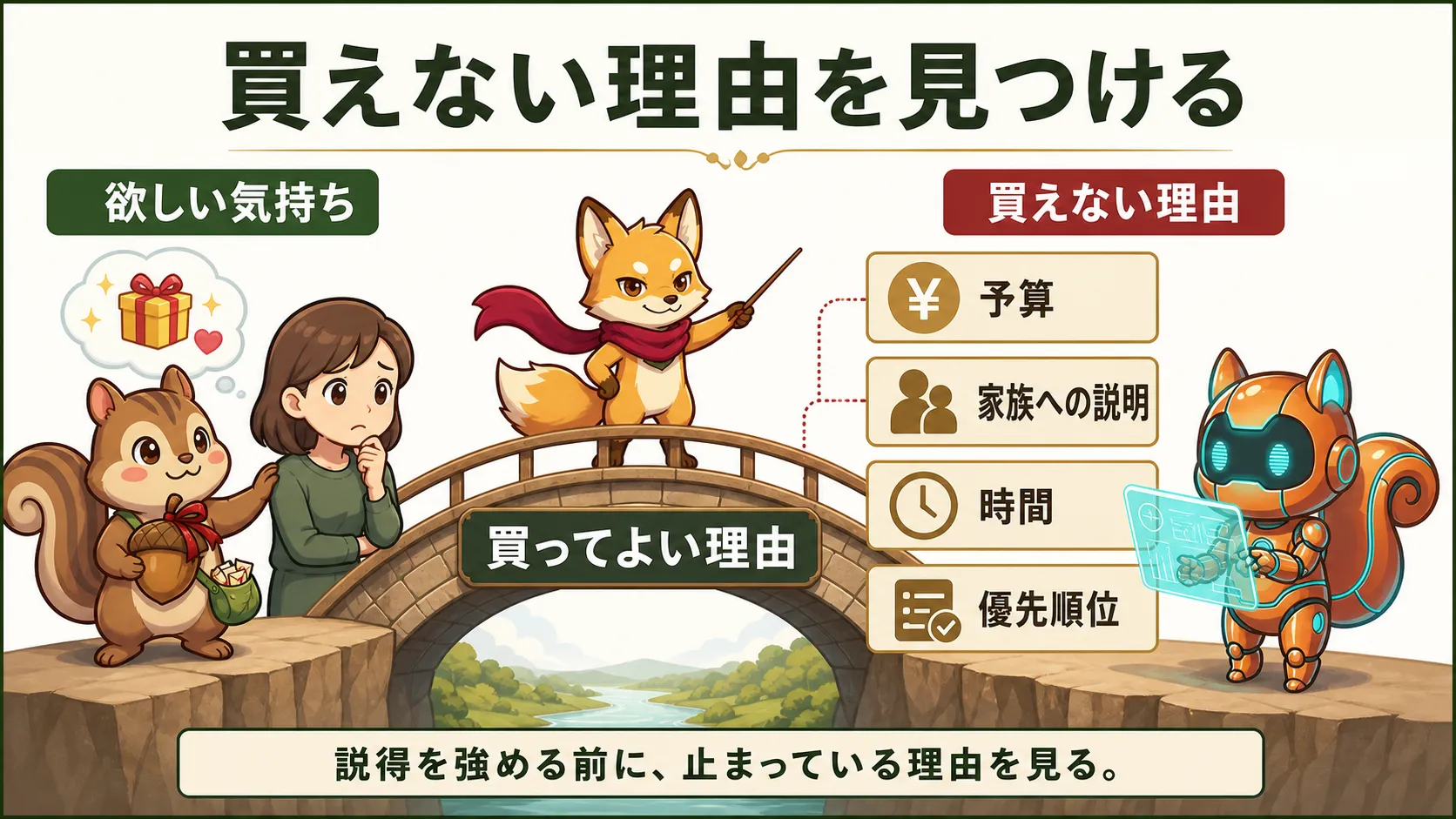 欲しい気持ちと買えない理由のあいだに橋をかける図解