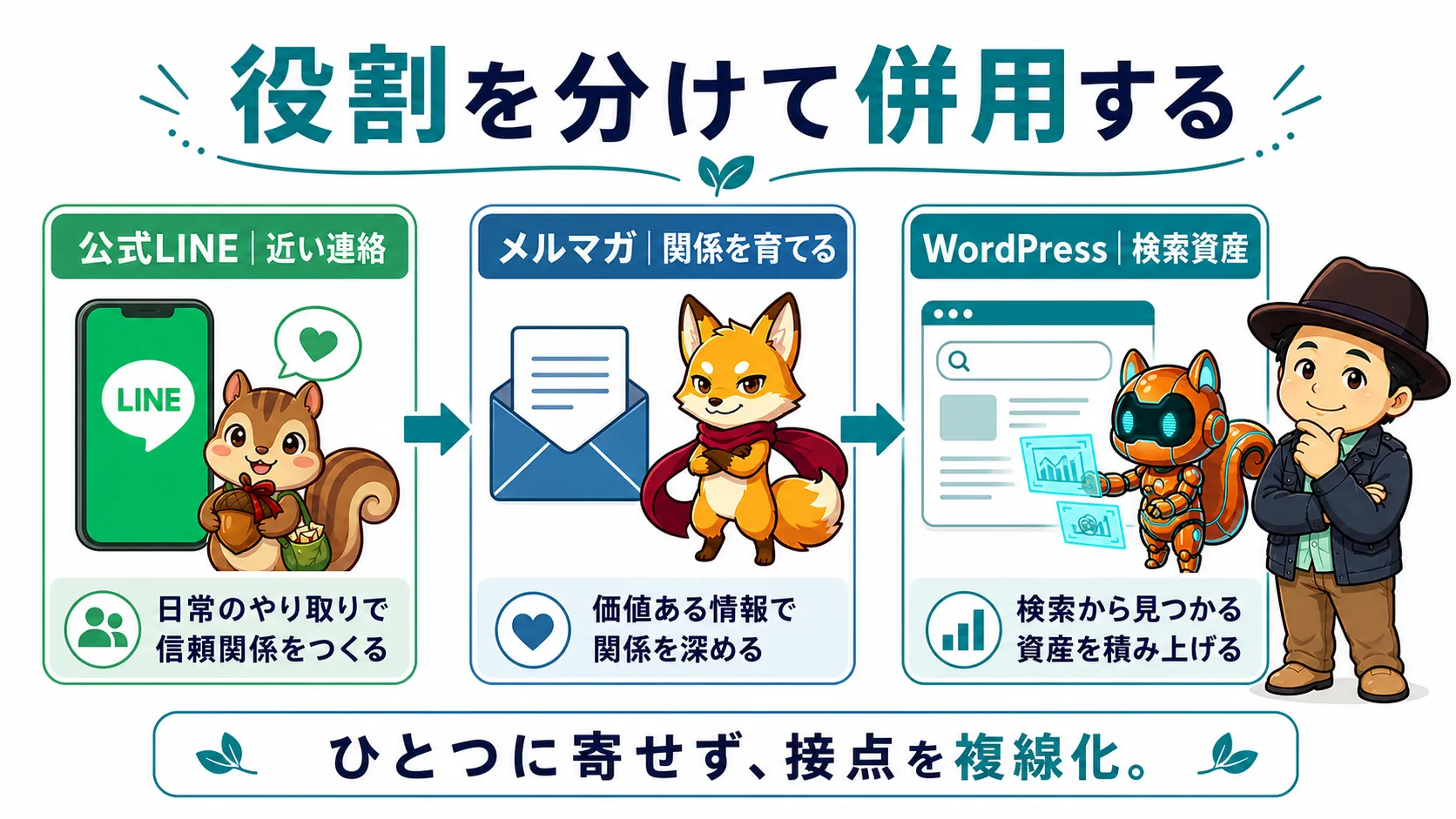 公式LINE、メルマガ、WordPressの役割を分けて併用する考え方を整理した図解