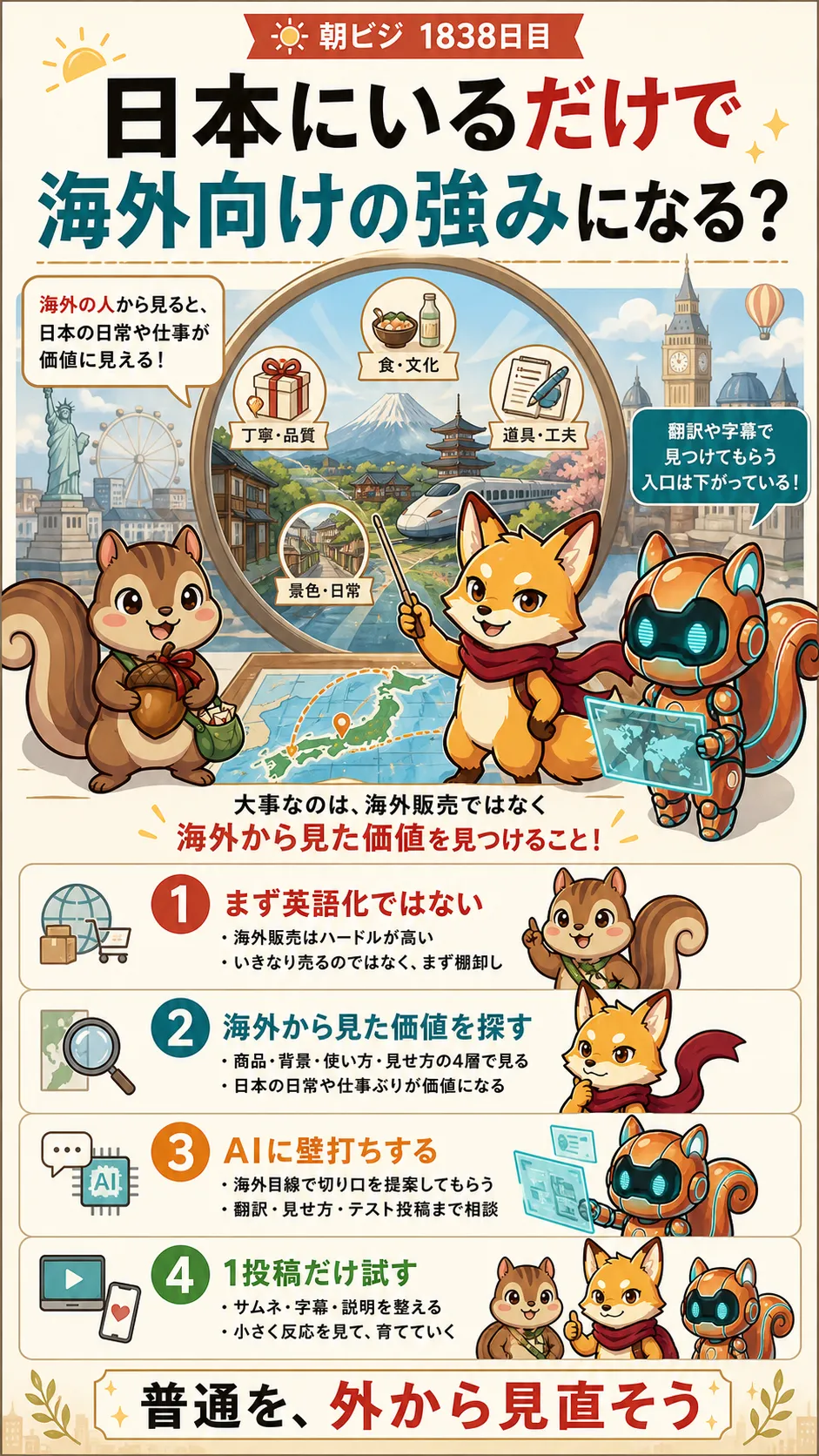 日本にいるだけで海外向けの強みを持っているかもしれないというテーマをまとめたインフォグラフィック