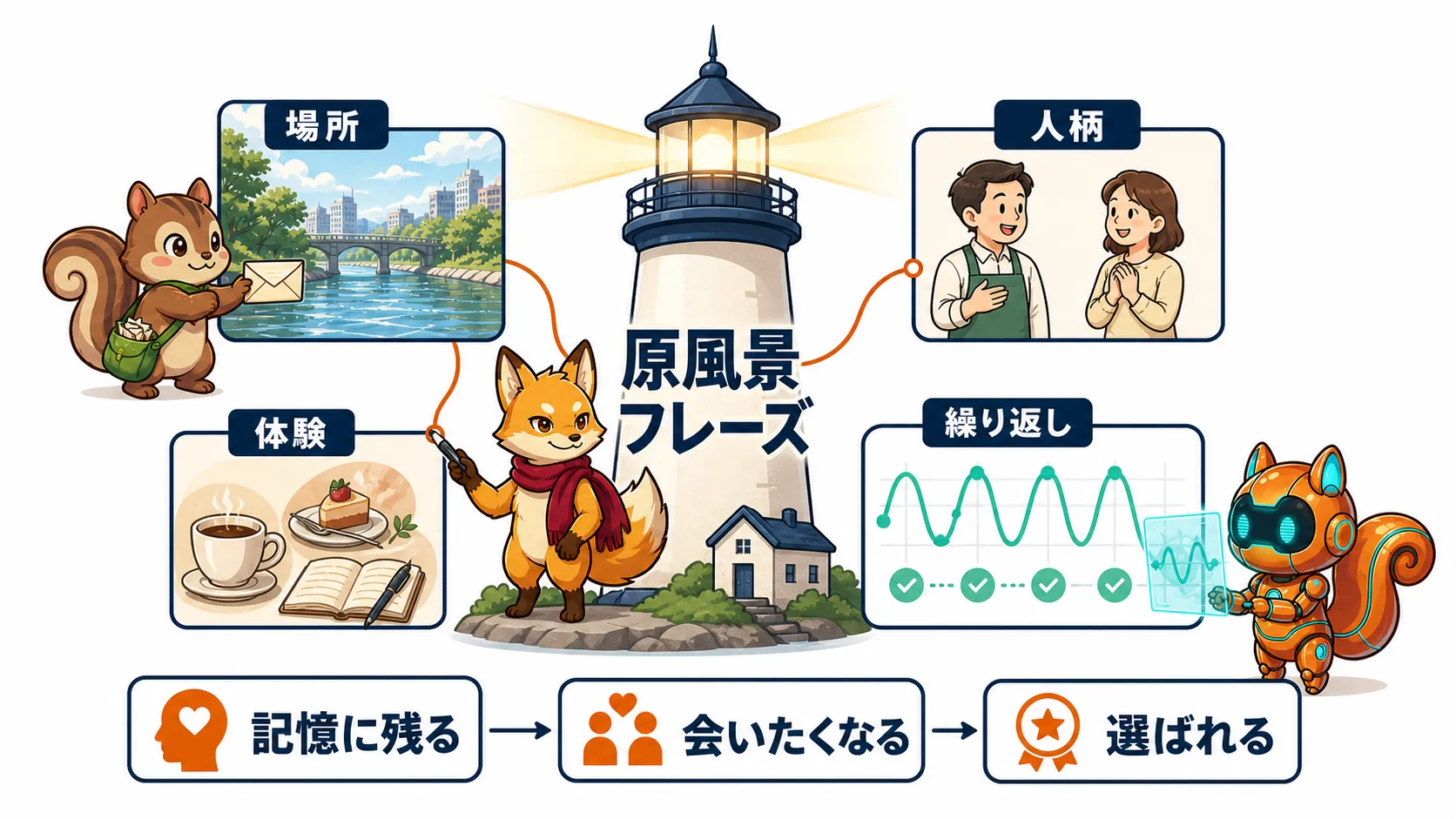 場所、体験、人柄、繰り返しから原風景フレーズが記憶に残り選ばれる流れの図解