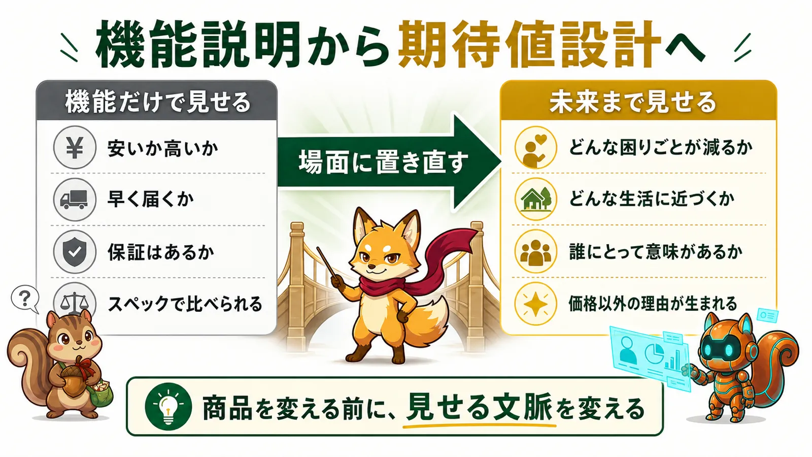 機能説明から期待値設計へ視点を変える図解