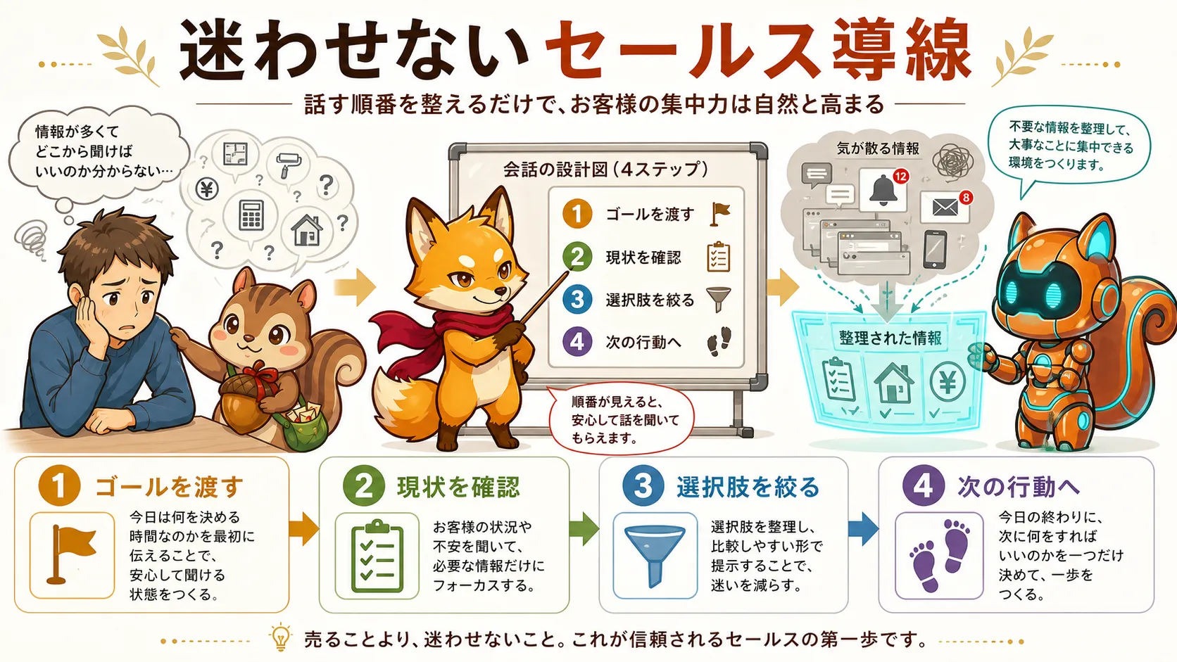 顧客が迷わず話を聞けるセールス導線の4ステップ図解