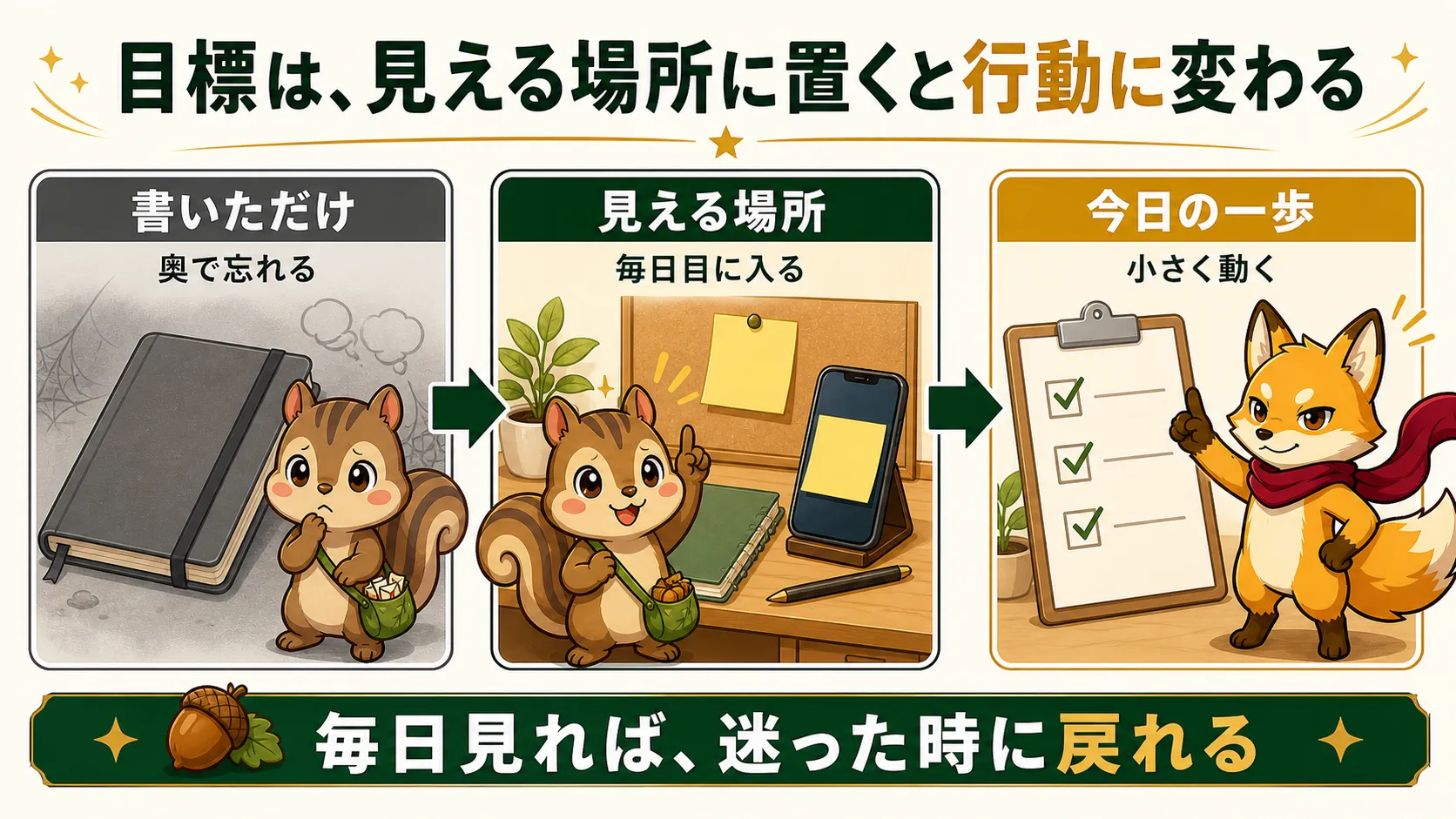 目標を書いただけの状態から見える場所に置いて今日の一歩へ変える流れ