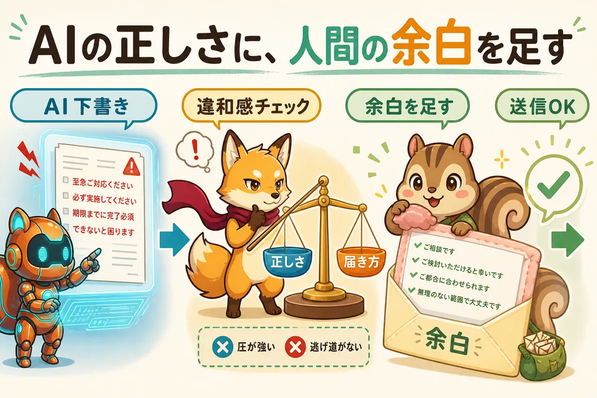 AIの正しさに人間関係の余白を戻す流れを示す図解