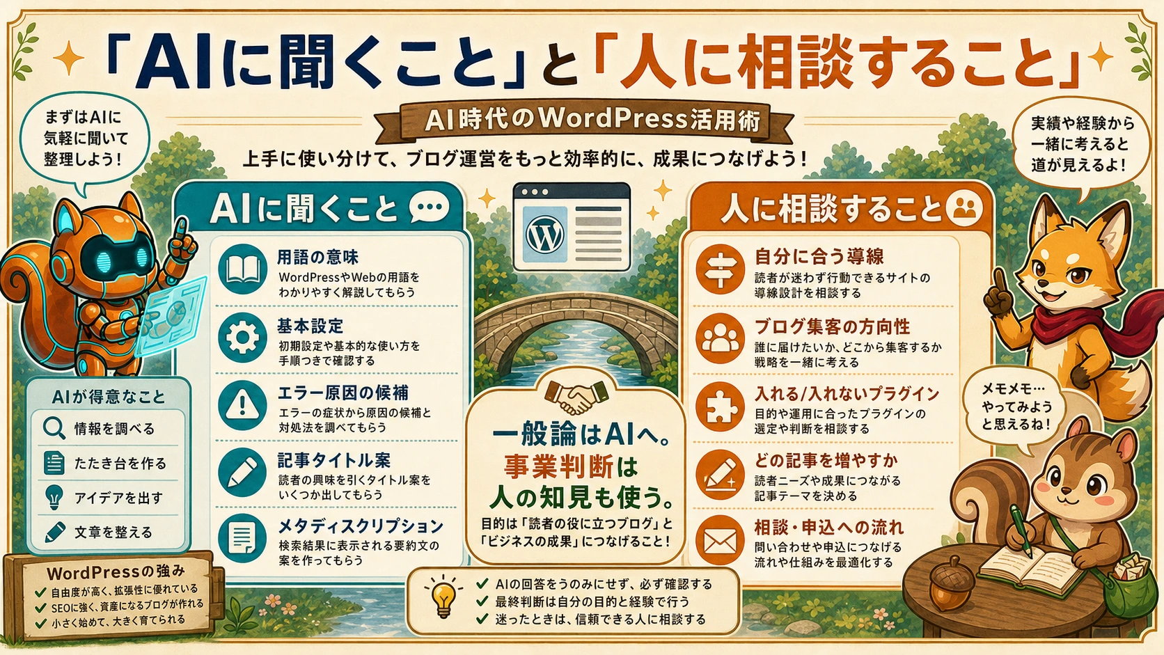 WordPress活用でAIに聞くことと人に相談することを左右に分けた図解