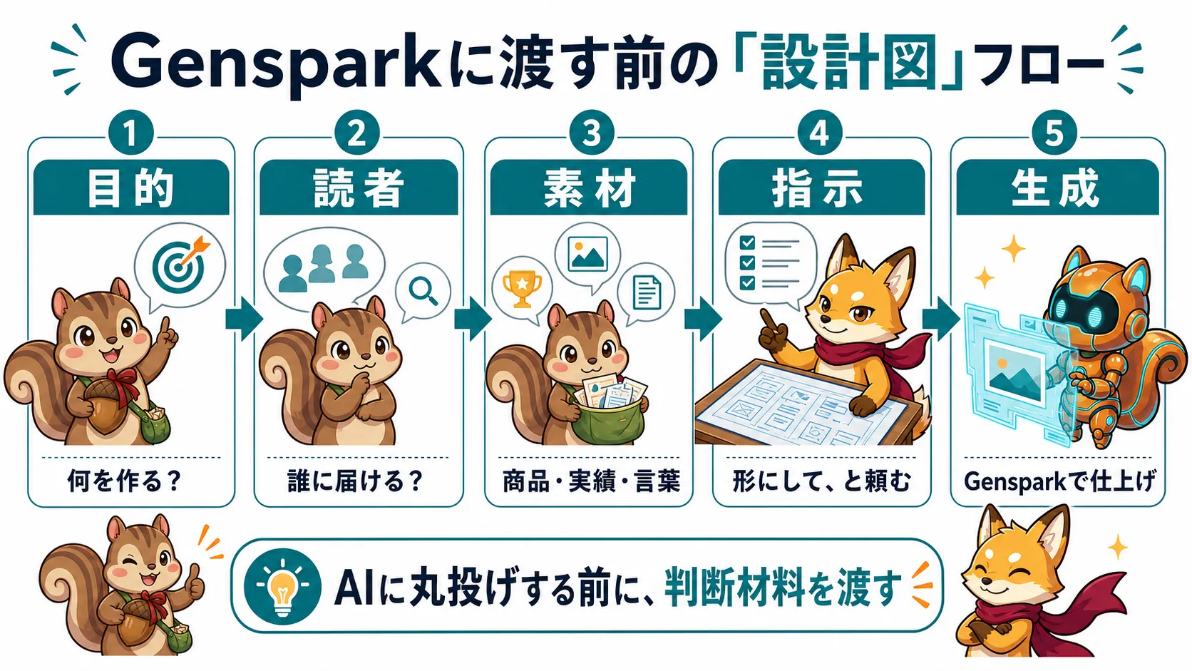 Gensparkに渡す前に目的、読者、素材、指示、生成の順で設計図を整える流れ