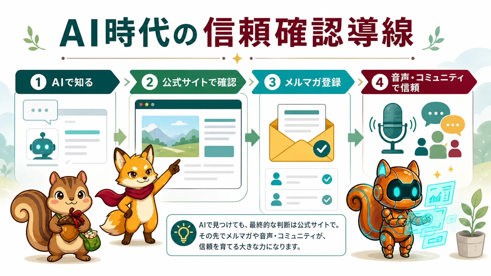 AI時代の信頼確認導線。AIで知り、公式サイトで確認し、メルマガや音声・コミュニティで信頼を育てる流れ。