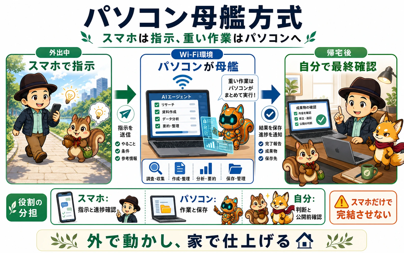 スマホを指示端末にしてパソコンを母艦にするAIエージェント運用の図解