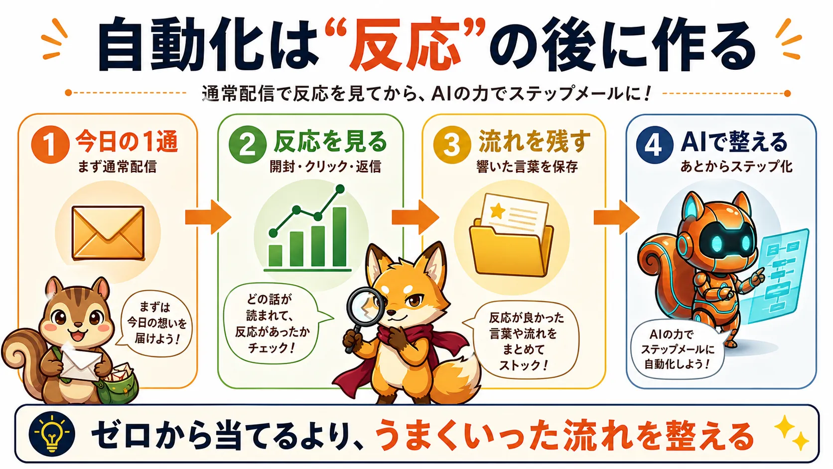 通常メルマガの反応を見てからステップメール化する流れの図解