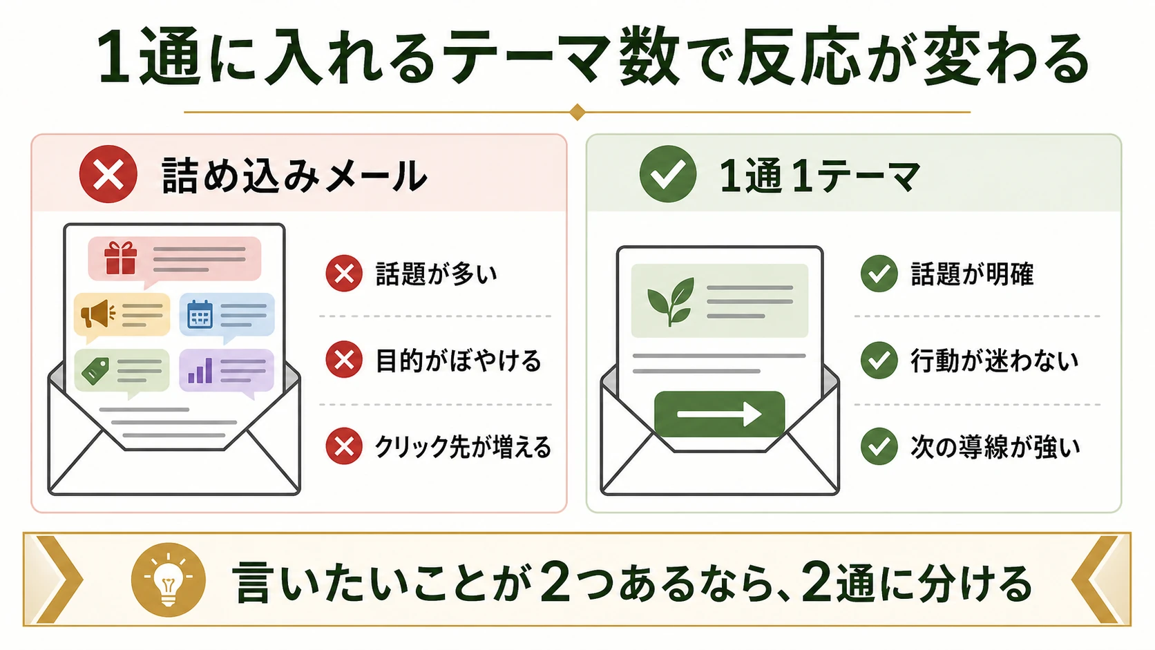 詰め込みメールと1通1テーマの違いを比較し言いたいことが2つあるなら2通に分けると示す図解