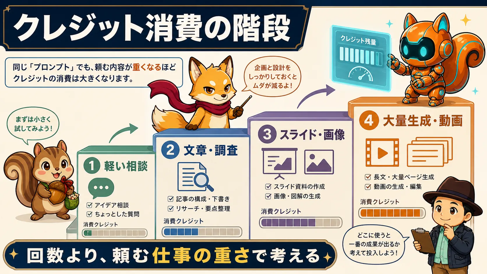 Gensparkのクレジット消費が仕事の重さで変わることを示す図解