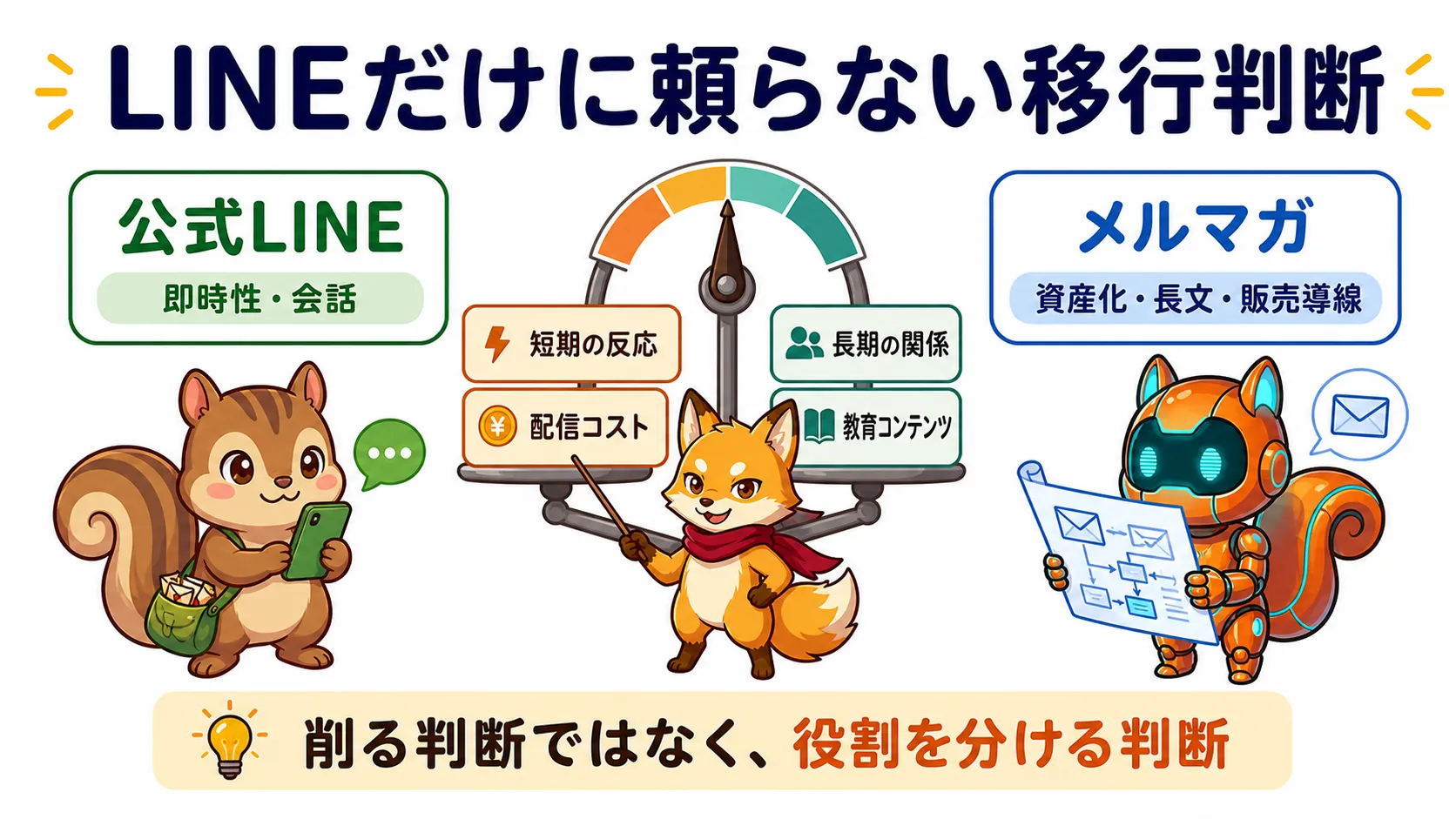 公式LINEとメルマガの役割を分け、短期反応・長期関係・配信コスト・教育コンテンツで移行判断する図解