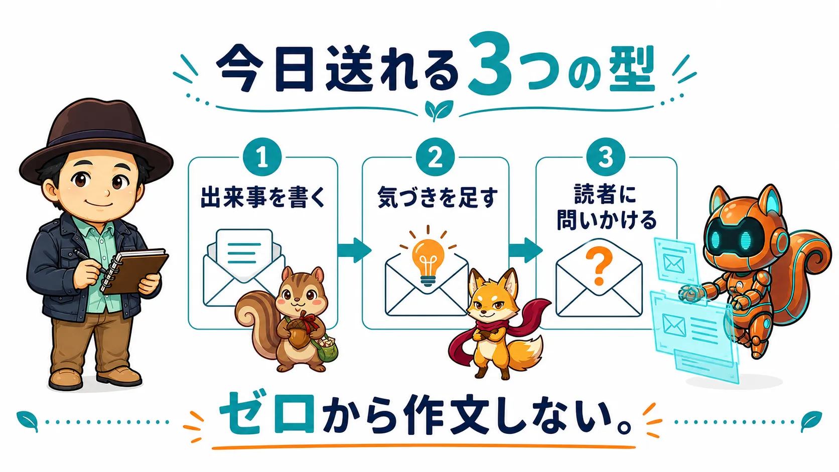 今日送れるメルマガの型を、出来事・気づき・読者への問いかけで整理した図解