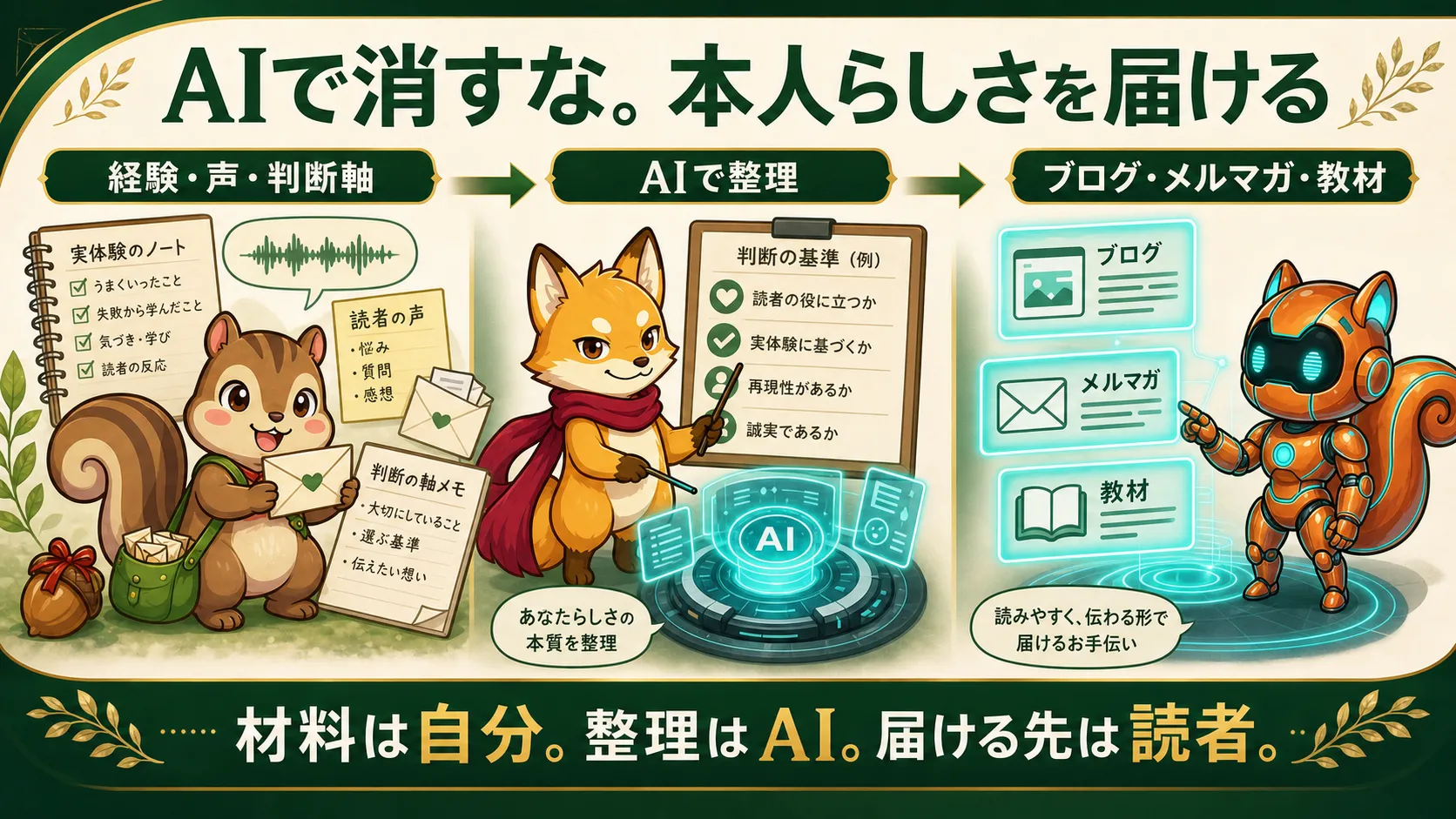 経験 声 判断軸をAIで整理してブログ メルマガ 教材へ届ける流れの図解