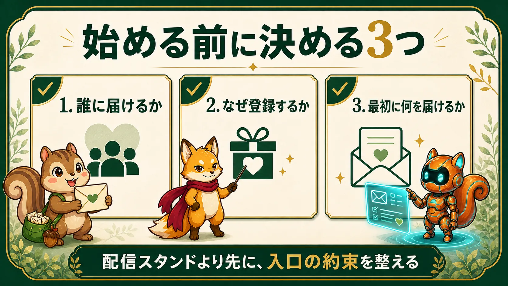 メルマガを始める前に、誰に届けるか、なぜ登録するか、最初に何を届けるかを整理する図解