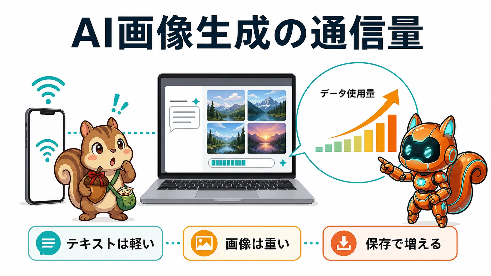 AI画像生成ではテキストより通信量が増えやすく保存や変換でも容量が増えることを示す図解