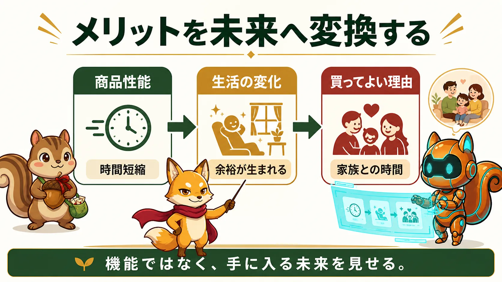 商品のメリットをお客様の未来の変化へ翻訳する図解