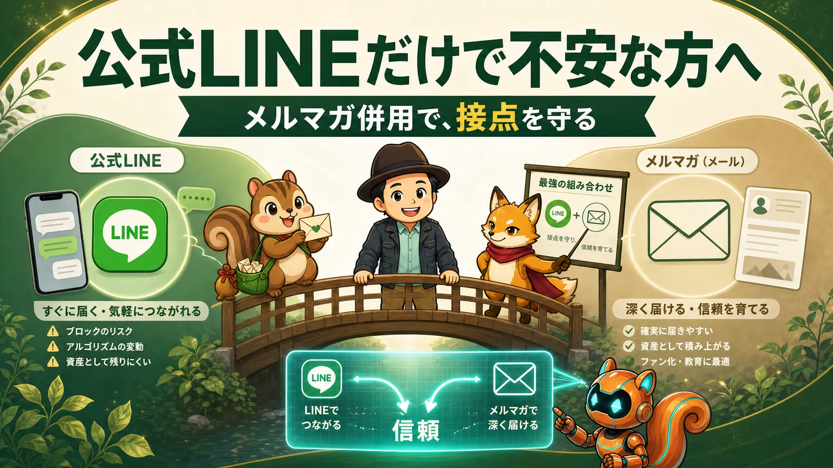 公式LINEだけで不安な方へ、メルマガ併用で接点を守る考え方を示すリンクカード画像
