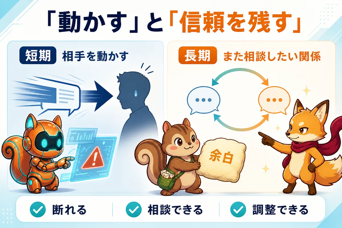 相手を動かすことと信頼を残すことの違いを示す図解
