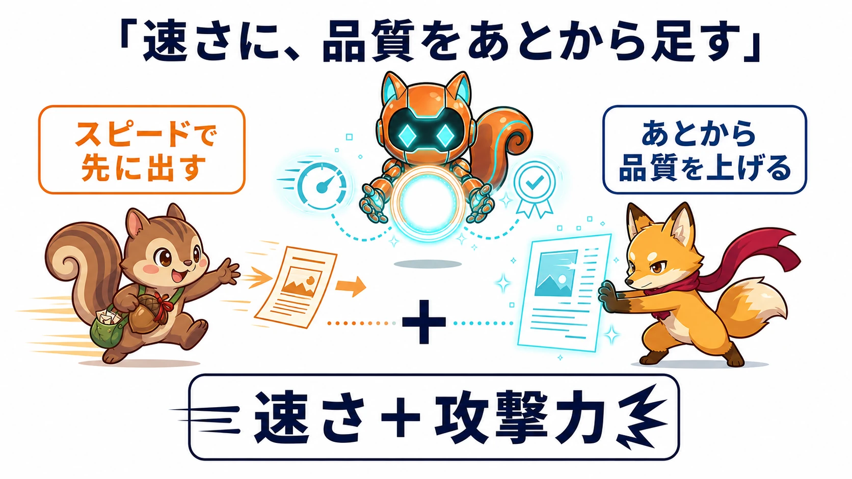 最初に公開し、その後で品質を高める仕事の流れを示した図