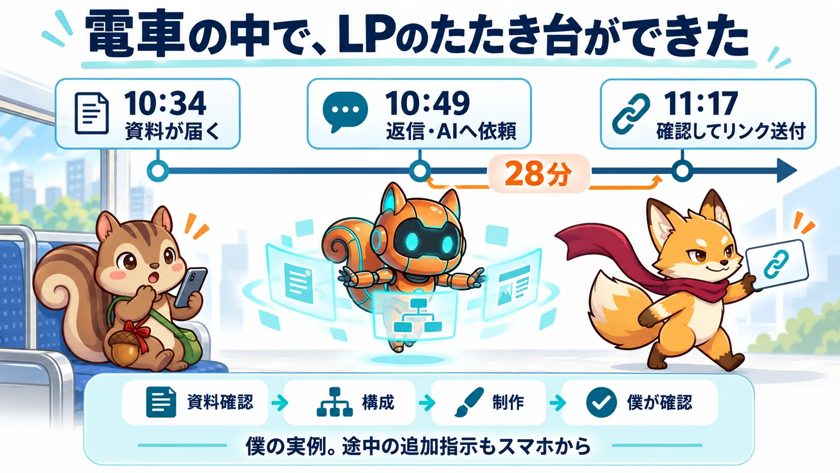 10時34分に資料が届き、10時49分に返信とAIへの依頼、11時17分に確認してリンクを送った28分の実例