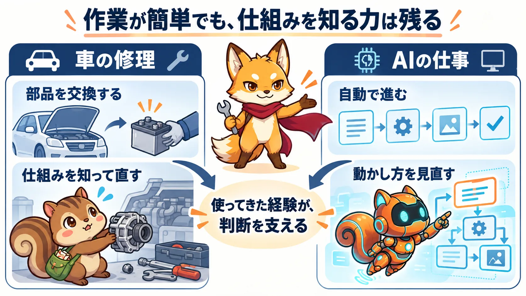 部品交換で作業が簡単になっても仕組みを知る技能は別に残る、という車修理とAI運用の対応。