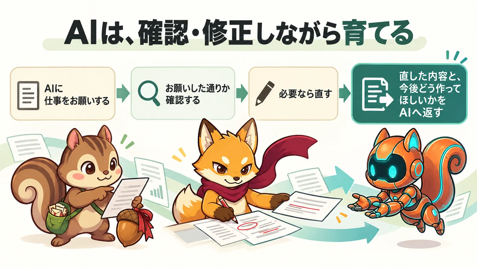 仕事を依頼し、できた内容を確認。必要なら直し、修正内容と次回の希望をAIへ返す流れ。