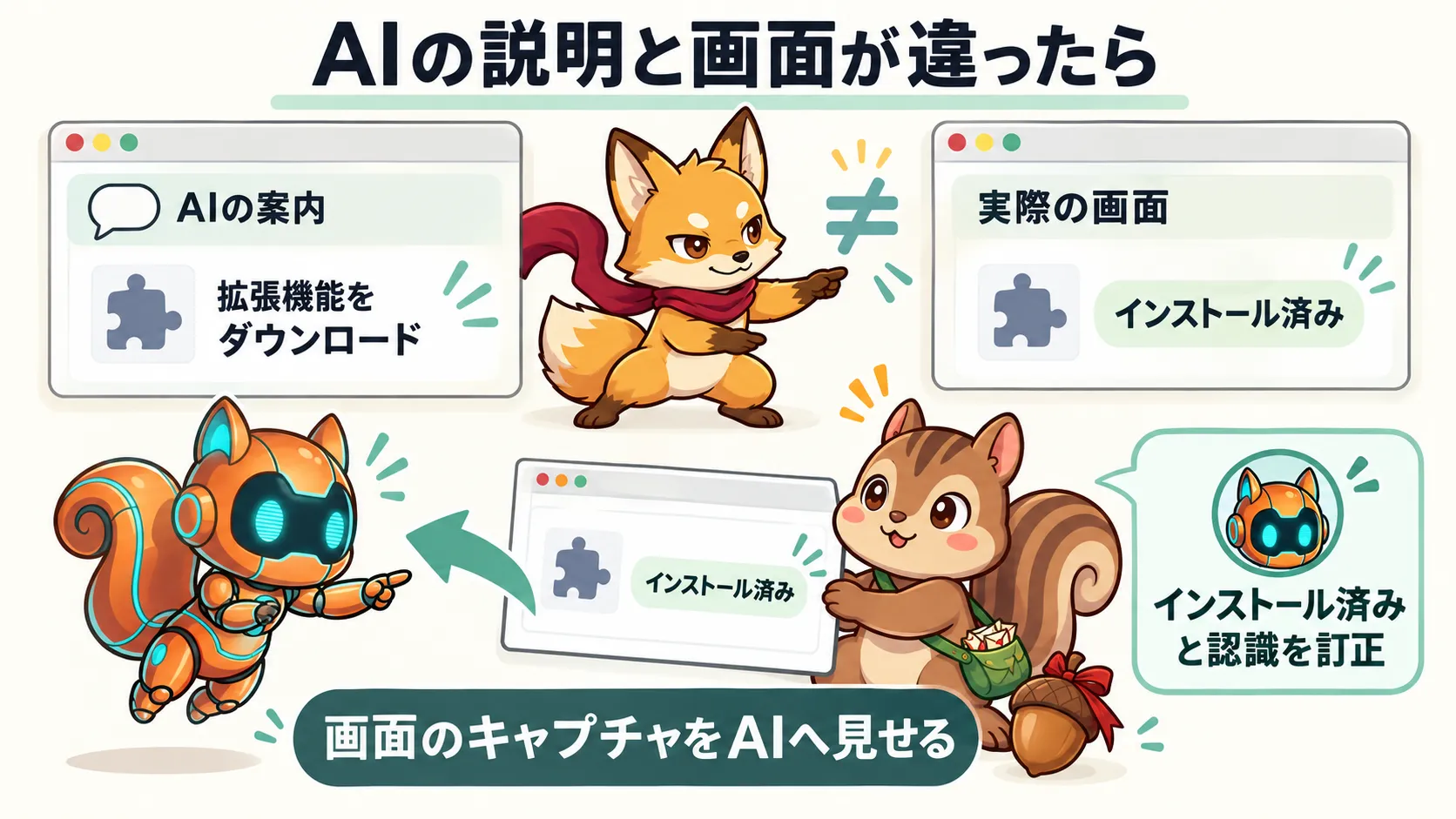 拡張機能のダウンロードを促すAIに、インストール済みの画面キャプチャを見せ、認識を訂正した例。