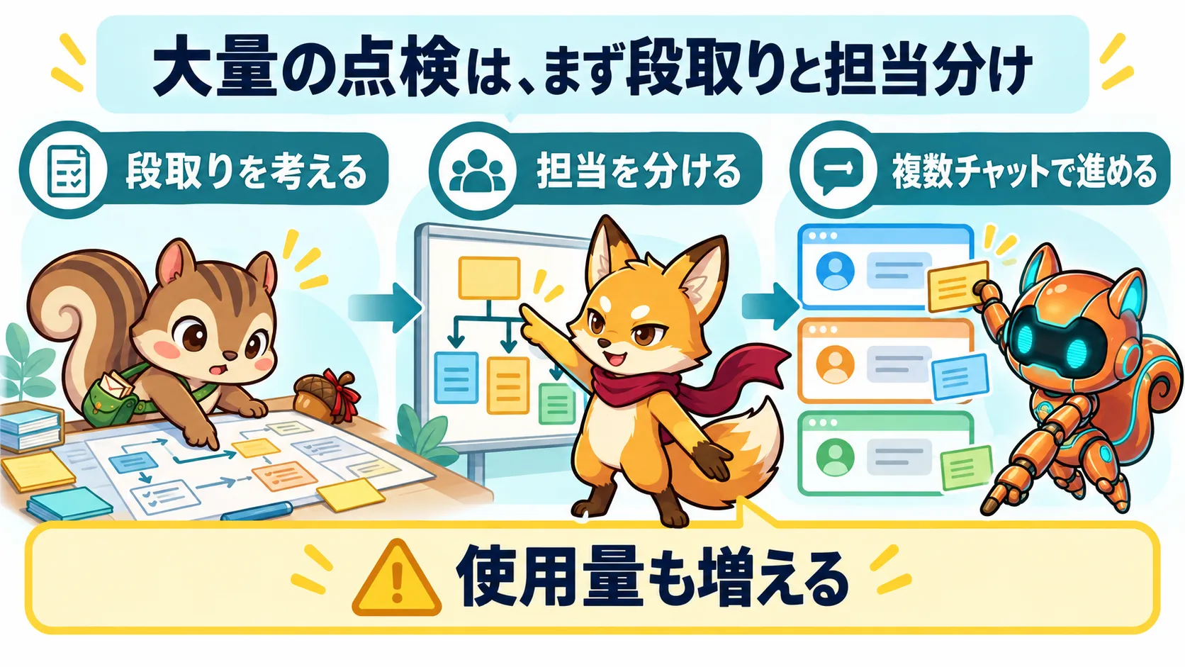 段取りを考え、担当を分けて複数のチャットで進める。使用量も増える