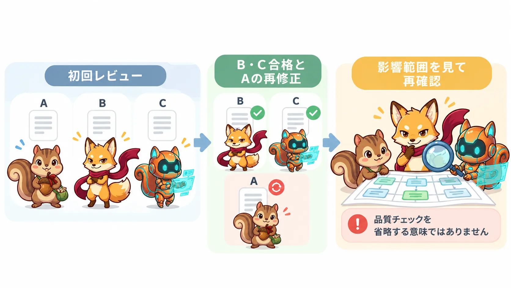レビューでAだけが残ったとき、BとCへの影響を見て再確認する図解