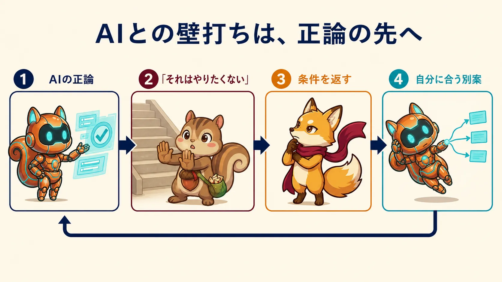 AIの正論へ違和感を返し、自分に合う別案を探す流れの図解