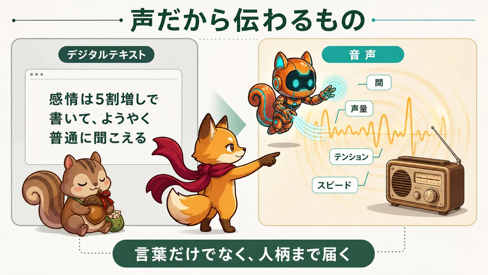 音声の言葉に間、声量、テンション、話す速さが重なり人柄まで届くことを示した図