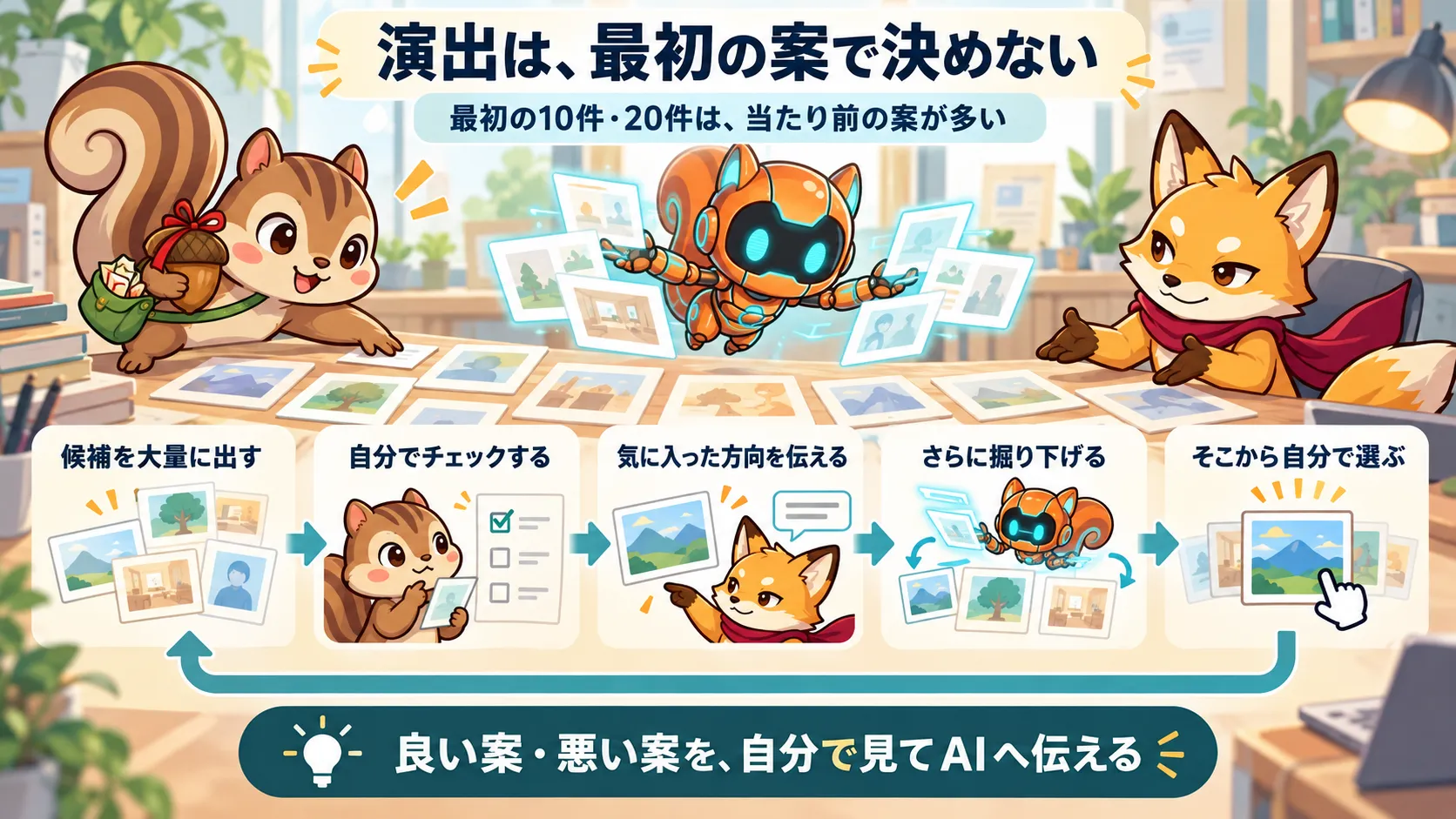 AIに大量案を出してもらい、自分で確認・評価を返し、方向を掘り下げて選ぶ図