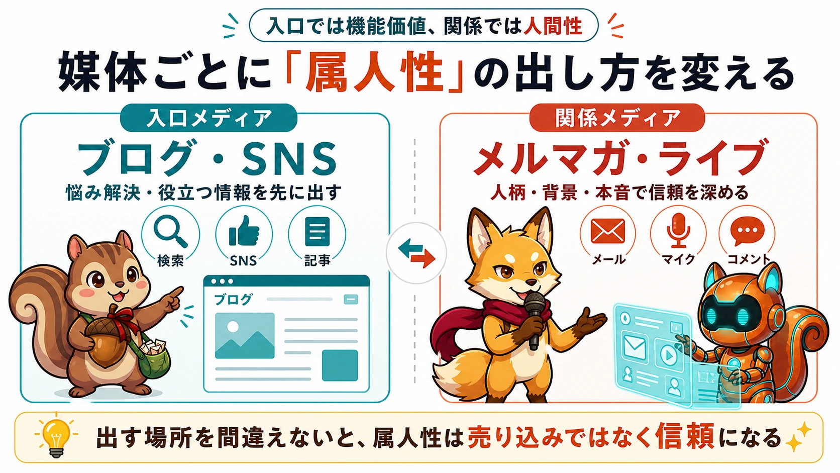 ブログやSNSとメルマガやライブ配信で自分らしさの出し方を分ける図解
