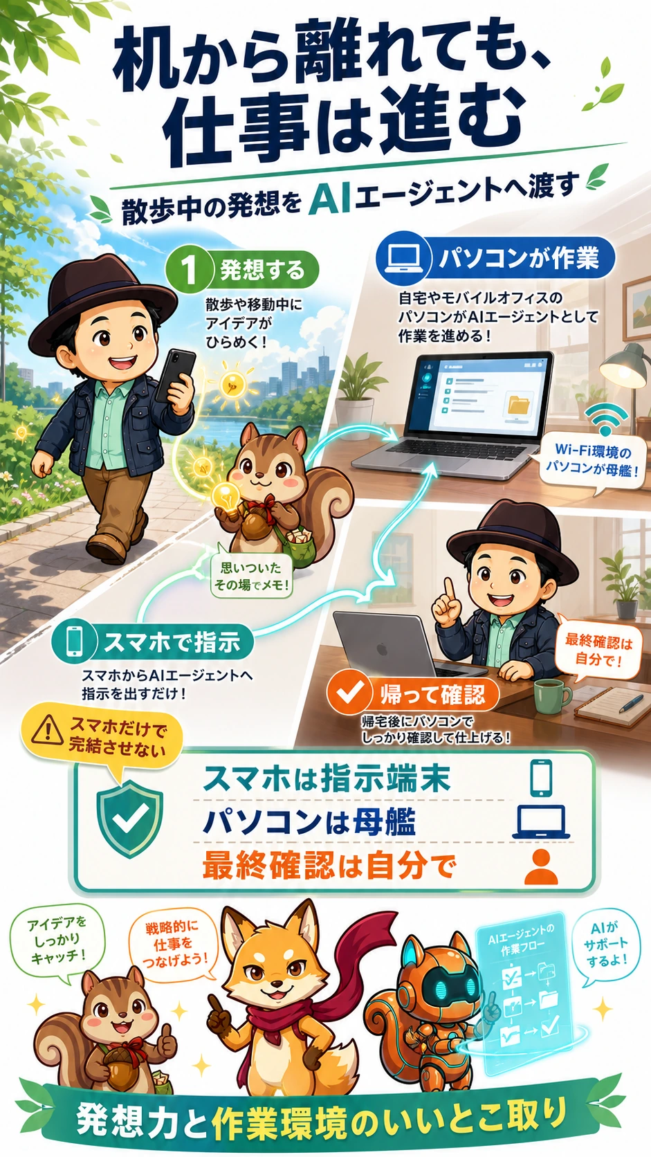 散歩中の発想をスマホからAIエージェントへ渡すパソコン母艦方式のインフォグラフィック