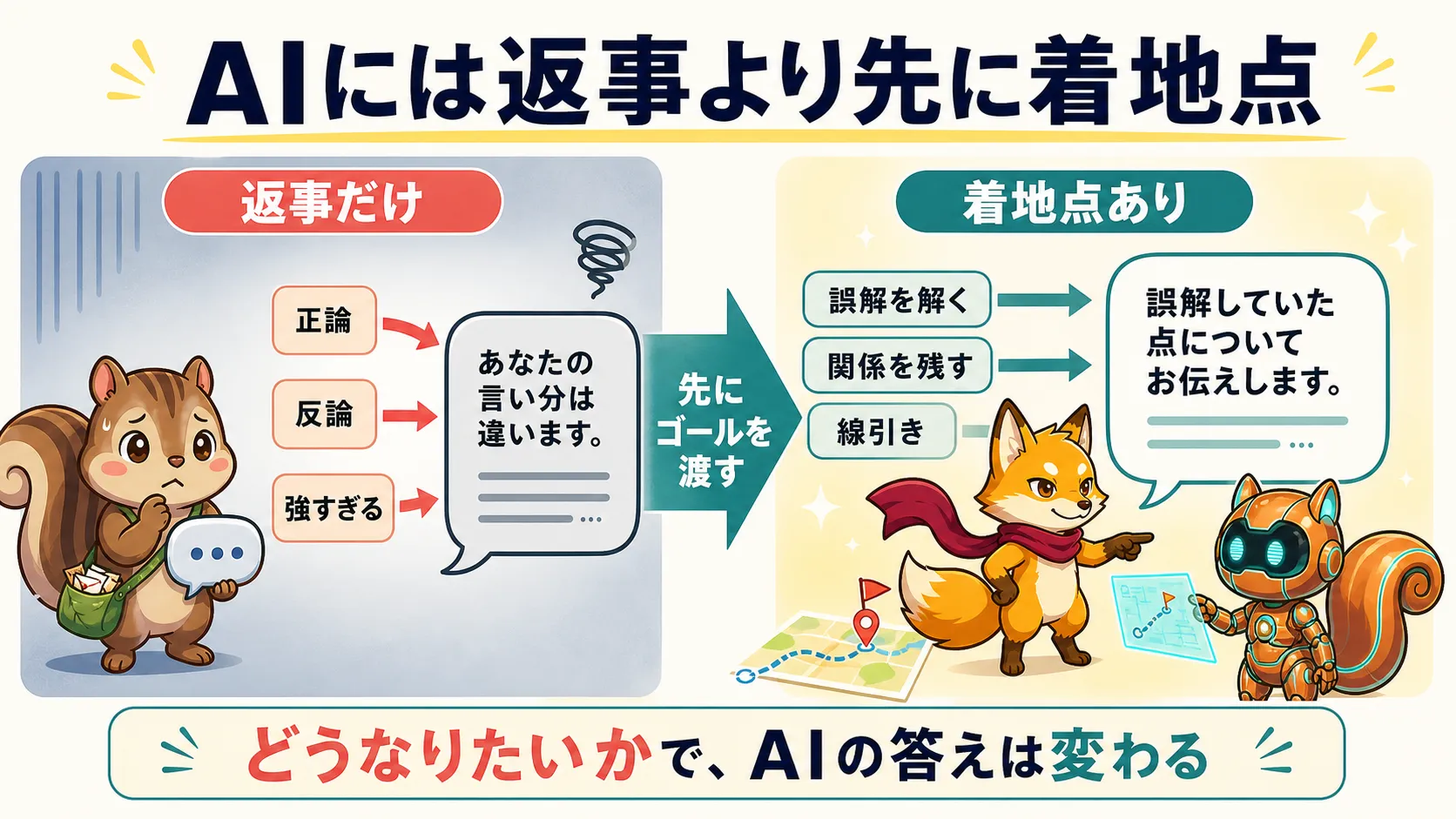 AIに返事だけを聞く場合と着地点を渡す場合の違いを示した図解