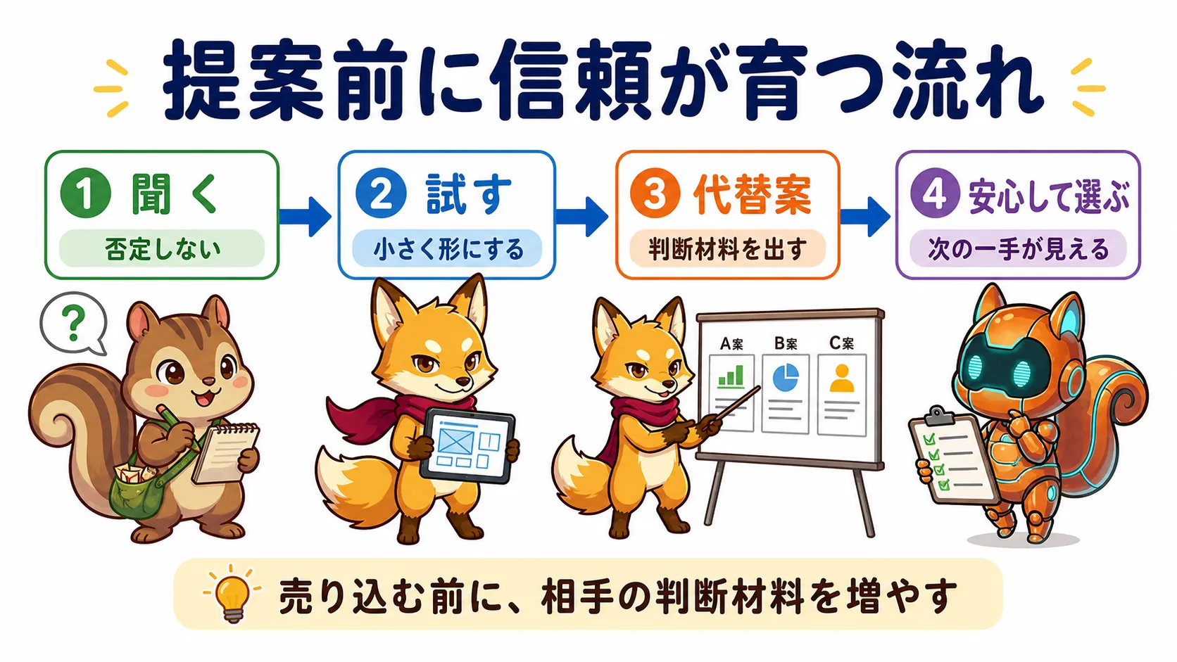 提案前に信頼が育つ流れを、聞く・試す・代替案・安心して選ぶの4段階で示した図解