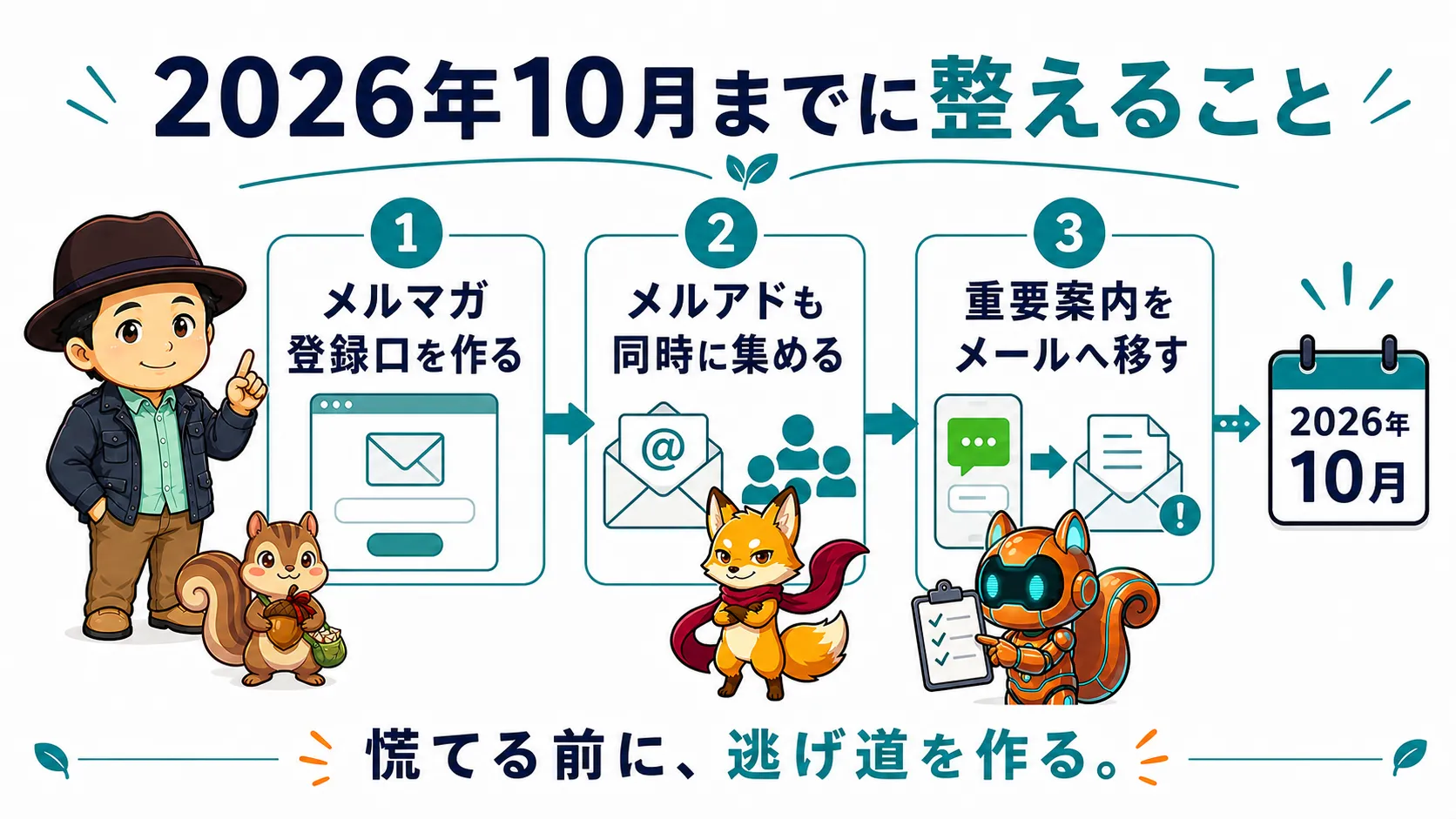 2026年10月までにメルマガ登録口、メールアドレス取得、重要案内のメール移行を整える流れの図解