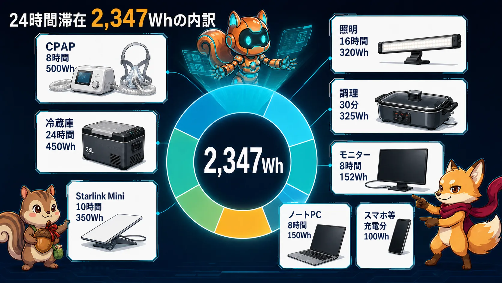 Van Officeに24時間滞在する場合の機材別使用時間と消費電力2,347Whの内訳