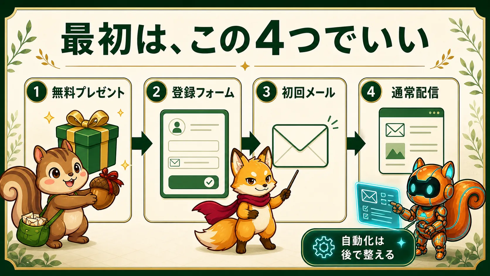 無料プレゼント 登録フォーム 初回メール 通常配信の4ステップでリストマーケティングを始める流れの図解
