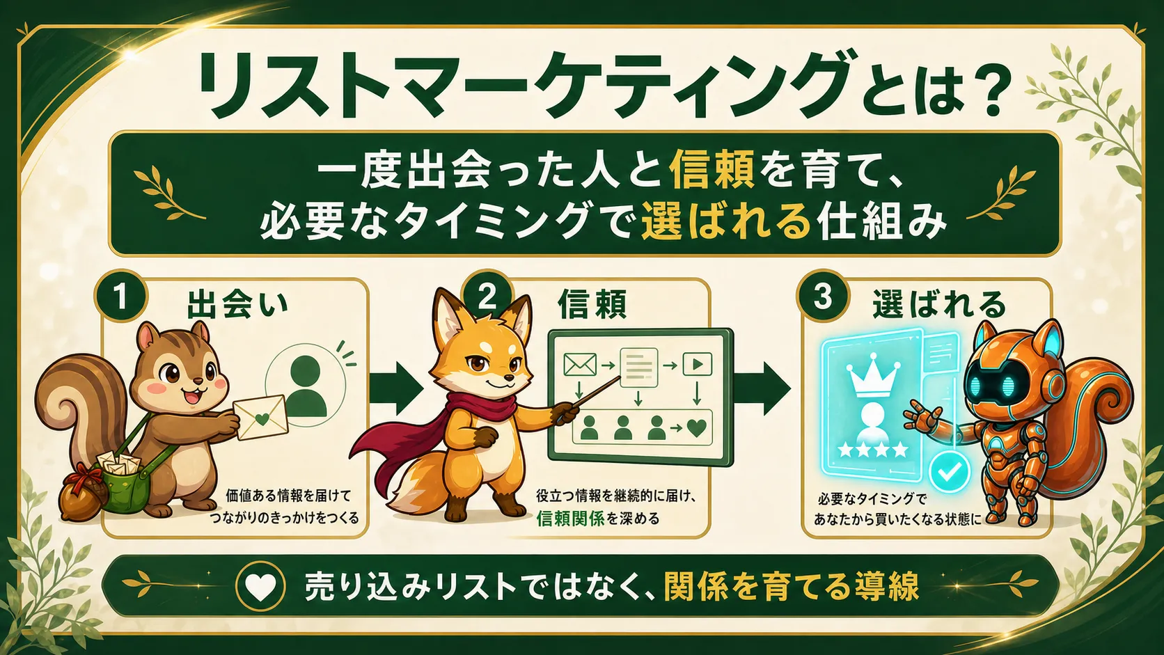 リストマーケティングとは一度出会った人と信頼を育て必要なタイミングで選ばれる仕組みであることを示す図解