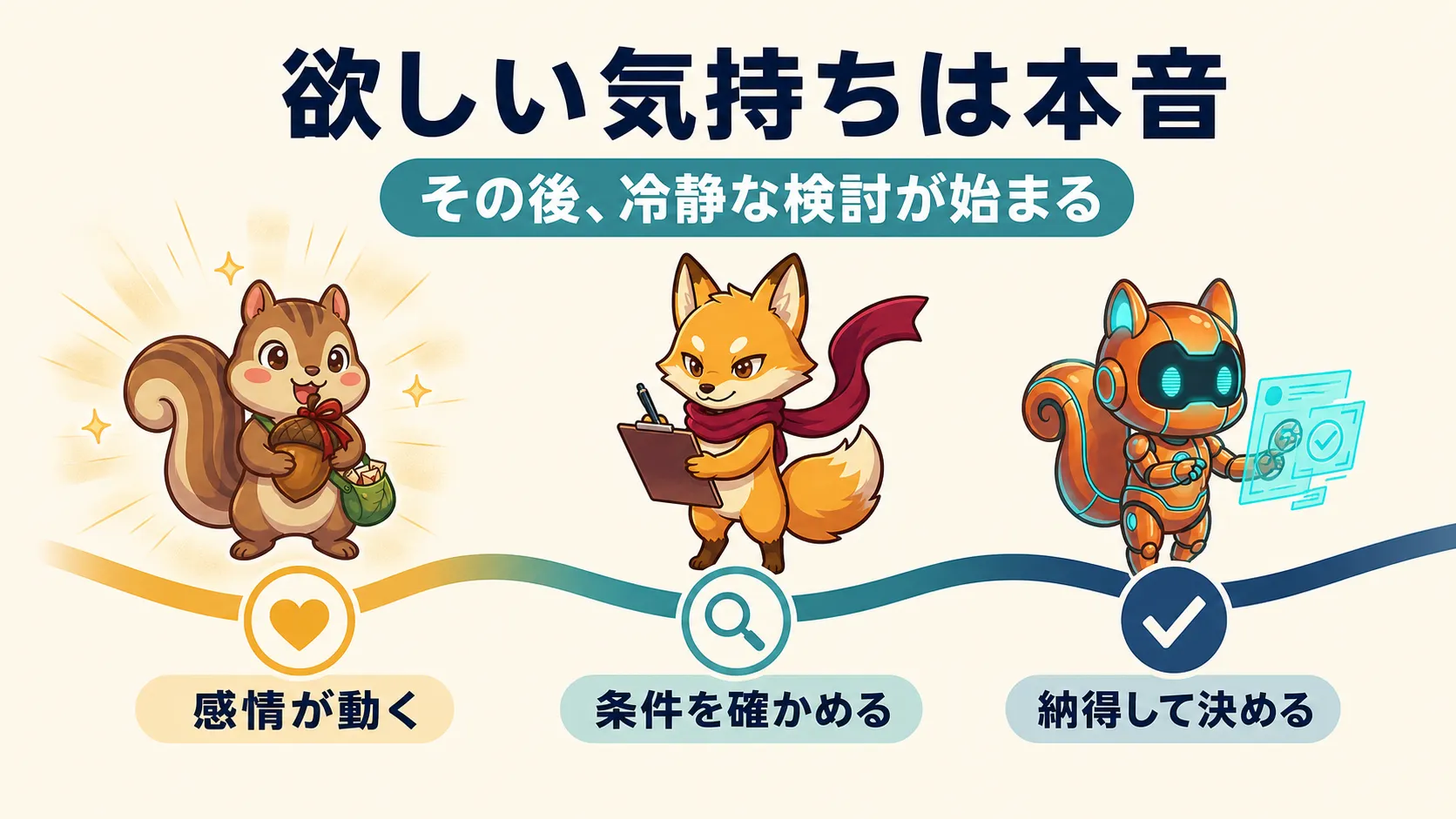 欲しい気持ちが生まれた後、条件を確かめて納得して決めるまでの流れを示す図解