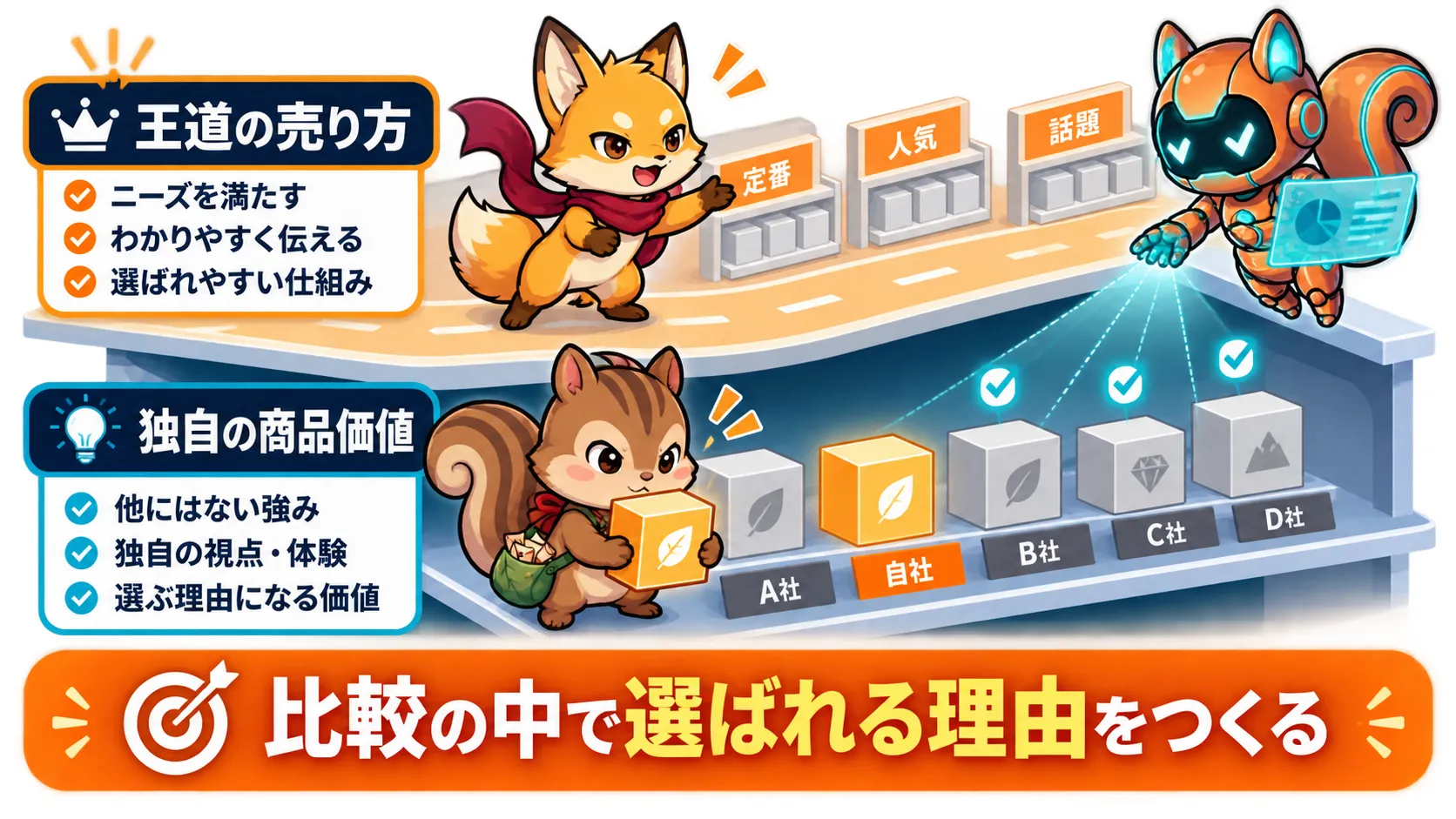 王道の売り方と独自の商品の価値を組み合わせる図。