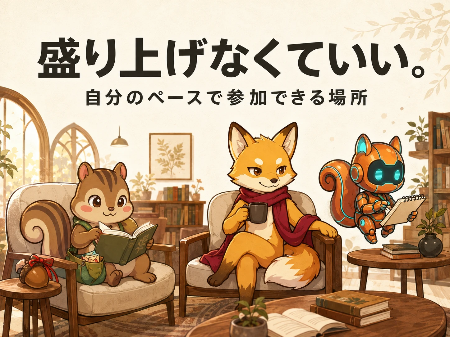 盛り上げなくていい。自分のペースで参加できる場所。読書、お茶、記録。それぞれの時間を同じ場で過ごす公式キャラクターたち。